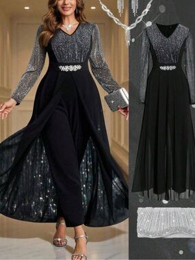Elegant Black Evening Jumpsuit Dress with Sparkle Bodice